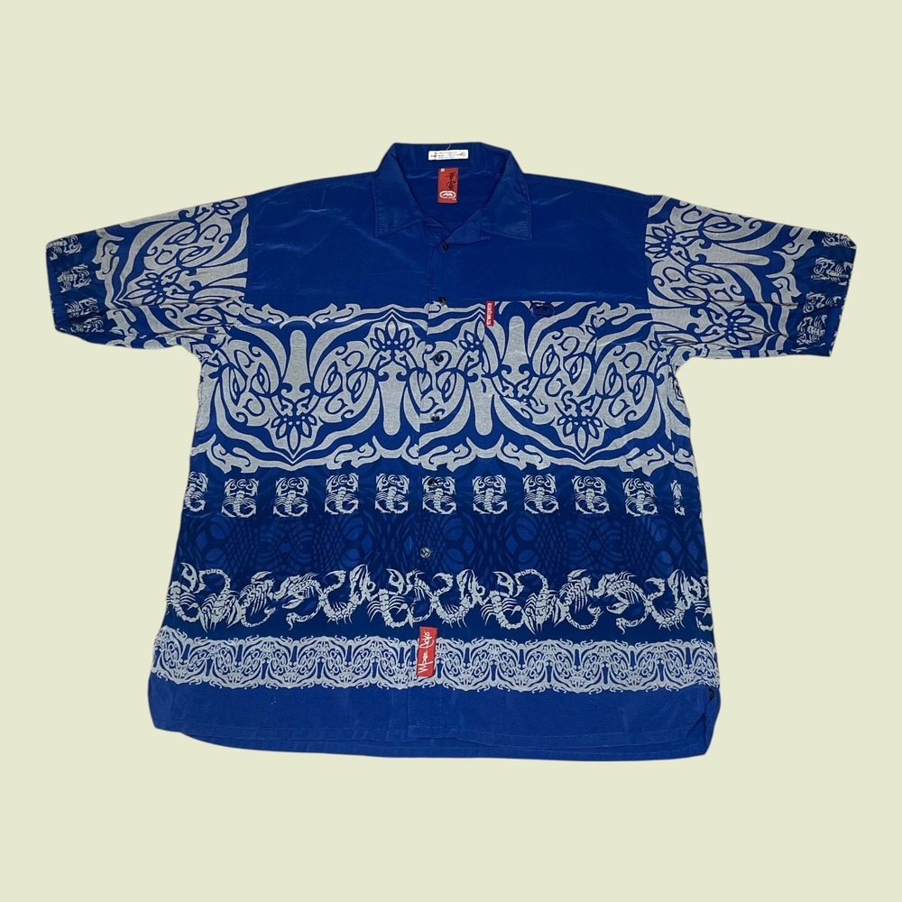 Vintage Marc Ecko Unltd 72 AOP Mens XL Blue Tribal Scorpion Graphic Shirt‎ Y2K